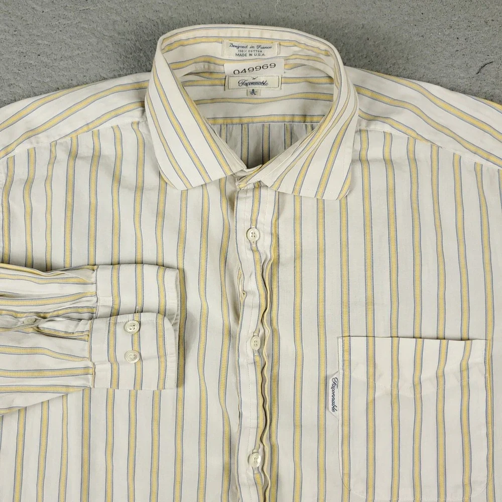 Faconnable Shirt Mens Large Yellow Striped Casual Button Up Long Sleeve * - Picture 2 of 9